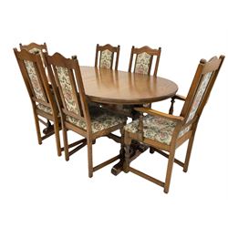 Old charm - 'Lancaster' oak extending dining table, the oval top with one additional centre leaf, (W170cm) together with a set of six  (4+2) Old Charm upholstered dining chairs 