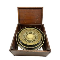 John Lilley & Gillie Limited, North Shields, brass cased ships gimbal compass, in oak case, W34cm 