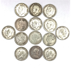 Fourteen pre 1920 Great British half crown coins, from the reigns of Queen Victoria, King Edward VII and King George V, dated 1883, 1886, 1887, 1891, 1898, 1906, 1911, 1912, 1914, 1915, 1916, 1917, 1918 and 1919
