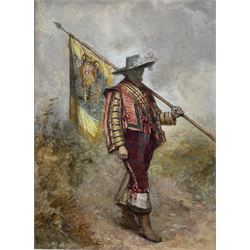 James Charles Playfair (British fl 1865-1904): The Cavalier Standard Bearer, watercolour signed and dated 1868, 30cm x 22cm