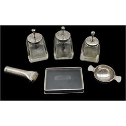Edwardian silver stamp moistener L7cm London 1910 Maker Stuart Clifford, pair of glass glue pots, the silver covers with integral brushes Birmingham 1910/12 Maker John Grinsell & Sons, a single glue pot, Victorian  glass and silver small dish retailed by Thornhill & Co and a miniature silver quaiche Birmingham 1914 