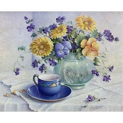 Trisha Hardwick (British 1949-2022): 'Summer Blue' Still Life of Flowers with Cup of Tea, oil on canvas signed, dated '93 and titled verso 28cm x 34cm