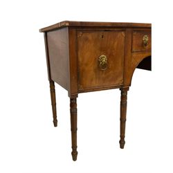 George III mahogany bow-front sideboard, fitted with cupboard and two drawers, on ring turned supports