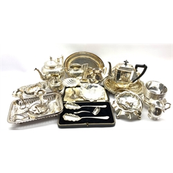 A cased early 20th century Dessert serving set comprising two foliate design spoons and sifter, all having chased decoration and other silver-plate including a tea set, shell moulded dish, Art Deco coffee pot, two trumpet table epergne, swing handled dish and other plate in one box