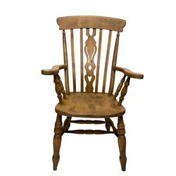 20th century beech farmhouse chair, the slat and splat back over seat, raised on turned supports, united by stretchers