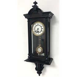 Late 19th century miniature Vienna style wall clock timepieces, in ebonised and stained walnut case, scaled down single train driven movement, with pendulum, H42cm