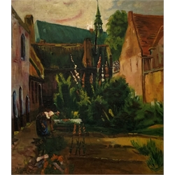 E LeFebvre - Oil on canvas of a Continental village scene, signed and dated 1948, 76cm x 65cm 