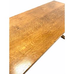 20th century oak refectory style dining table, rectangular top over shaped panel end supports united by stretcher 183cm x 81cm, H77cm