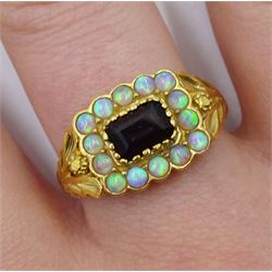 Silver-gilt garnet and opal cluster ring, stamped Sil