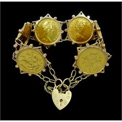 Six Elizabeth II 1973 Isle of Man gold full sovereign coins, loose mounted in 9ct gold bracelet, with heart locket clasp