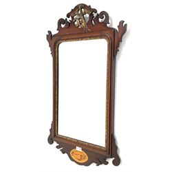 Chippendale style fret wall mirror with bevelled glass, surmounted by gilt ho-ho bird 92cm x 52cm