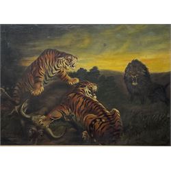 Follower of George Stubbs (British 1724-1806): Tigers Protecting their Wildebeest Prey from a Lion, early 20th century oil on canvas unsigned 65cm x 90cm