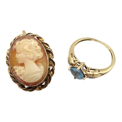 Gold blue topaz ring and a gold cameo pendant brooch, both 9ct stamped or hallmarked