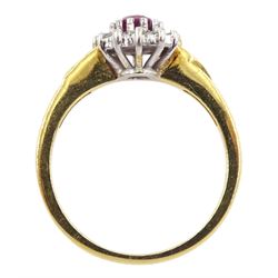 18ct gold oval ruby and diamond ring, hallmarked