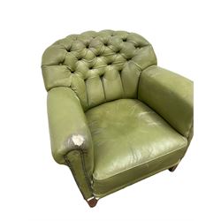 Club armchair, upholstered in buttoned green leather with stud work, square tapering supports