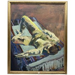 Sharman Green (British Contemporary): Reclining Female Nude Sunbathing on Lounger, oil on board signed and dated 2000, 75cm x 60cm