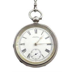 Victorian silver pocket watch, key wound by Waltham Mass, No. 5454452, Birmingham 1892, on silver Albert T bar chain stamped 