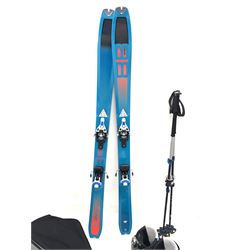 Pair of Dynafit Tour 88 snow skis L158cm and a pair of Black Diamond poles in ski bag and a pair of Scarpa ski boots in holdall