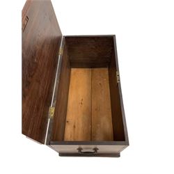Mahogany blanket box, the hinged lifting lid over base fitted with two side handles, raised on a plinth base