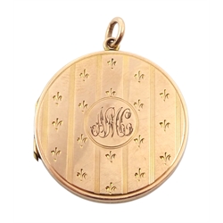 Early 20th century 9ct rose gold pendant locket, engraved fleur-de-lis decoration with engraved initial cartouche, Chester 1912