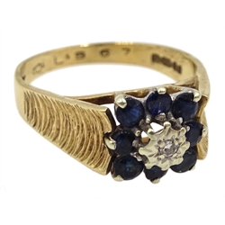 9ct gold sapphire and diamond cluster ring, hallmarked