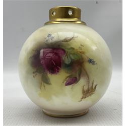 Early 20th century Royal Worcester vase by Mildred Hunt, of waisted cylindrical form, hand painted with roses, signed M Hunt, with puce printed marks beneath including shape number G923 and date code for 1938, H18.5cm max, together with a Royal Worcester pot pourri jar, of globuar form with pierced rim, hand painted with floral sprays, with blue printed marks beneath including shape number 1039 and date code for 1913 (2)