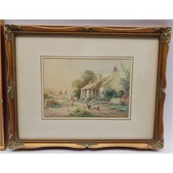 David Gould (British 1871-1952): Forest above a Lake, watercolour signed 32cm x 45cm; R Macauley (British late 19th century): Chickens by a Cottage, watercolour signed 17cm x 25cm; English School (19th century): Children Rockpooling, watercolour unsigned 19cm x 25cm (3)