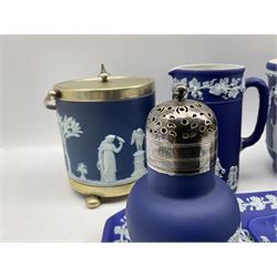 Group of late 19th/20th century Wedgwood dark blue jasper dip items comprising jardiniere D18cm, biscuit barrel with plated cover, match box holder, sugar caster, tray and jug (6)