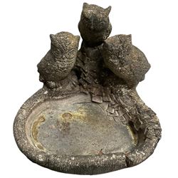 Composite birdbath with three perching owl figures