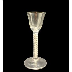 18th century cordial glass with ovoid bowl, double opaque air twist stem on conical foot, H15.5cm 