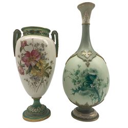 Early 20th century Royal Worcester vase, of twin handled urn form, painted with faded green borders and floral sprays to the body, with puce printed marks beneath including shape number 2247, and date code for 1903, H18.5cm, together with another late Victorian Worcester vase, of bottle form, hand painted with thistles and flowers, with green printed marks beneath including shape number 1889 (2)