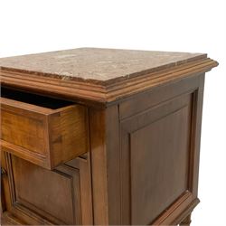 Pair of early 20th century French walnut pot cupboards or bedside lamp tables, with rouge marble top in moulded frame, single drawer over panelled cupboard, on turned supports united by under-tier 