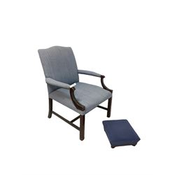 Gainsborough style armchair, upholstered in blue fabric, raised on square supports, together with small blue footstool