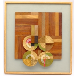 Gerald French (British 1927-2001): 'Cork Quartet III', three dimensional cork on wood panel with white plastic and acrylic signed, titled with artist's Bradford address label and label for Trustees of Gerald French verso 45cm x 42cm