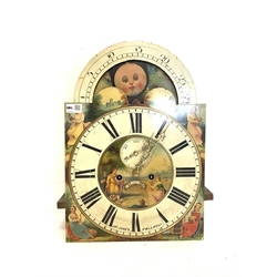  19th century eight day longcase dial and movement, painted enamel dial with moon phase, subsidiary seconds hand and date aperture, signed 'Jno Jones, Pwllheli' W36cm  