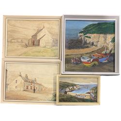 A Halsall (British 20th century): Beached Cobles, oil on board signed and dated 1980; T H Robinson (British early 20th century): Cottage Scenes, pair watercolours signed and dated 1925 together with a small coastal watercolour and 5 prints/embroideries max 36cm x 34cm (9)