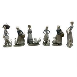 Group of six Lladro figures including 'Shepherdess with Ducks' no. 4568, 'Barnyard Scene' 5659 and four others (6)