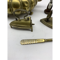 19th century small brass smoothing or lace box iron with trivet, a 19th century sleeve iron with carved bone handle, Thackray of Leeds Tracheotomy tube introducer, sand timer and a Victorian brass kettle of lobed form with turned wooden handle (6)