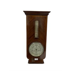Edwardian Sheraton revival mahogany aneroid barometer and thermometer with string inlay and satinwood bands together with  Chippendale style mirror 