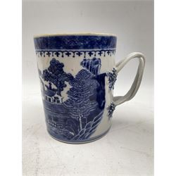 18th century Chinese mug decorated in blue and white with river landscape and with entwined handle H14cm, 19th century Cantonese mug with panels of figures etc, Cantonese cylindrical teapot and other items 