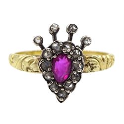 Gold ruby and diamond crown and feather design ring