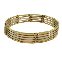 9ct yellow, rose and white gold five bar hinged bangle, hallmarked, approx 24.9gm