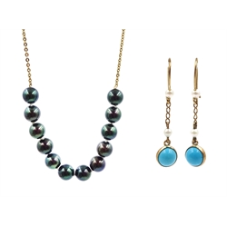 14ct gold grey pearl necklace, stamped 585 and a pair of 9ct gold turquoise and pearl pendant earrings