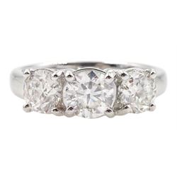 18ct white gold three stone round brilliant cut diamond ring, hallmarked, total diamond weight approx 1.95 carat