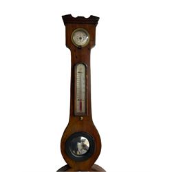 A mid Victorian five glass mercury barometer by “Hugh, Stayley Bridge” in a mahogany case with a swan's neck pediment and round base, 8” silvered dial with weather predictions, steel indicating hand and brass recording hand, cast brass bezel and convex glass, with a “butlers” mirror, spirit thermometer, hygrometer, level bubble and recording hand setting disc
 
