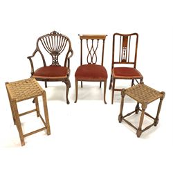 Three Edwardian side chairs, together with two stools with woven tops on oak supports 