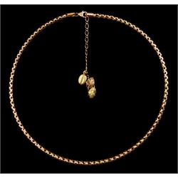 9ct rose gold mesh necklace, the finial with detachable leaf and bean charm, stamped or hallmarked