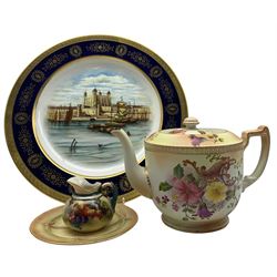Coalport charger hand painted with scene of the Tower of London signed by M.Harneth with gilt edging W34cm, early 20th century Royal Worcester jug painted with brambles, Royal Worcester gilt and blush plate together with Carlton Ware blush teapot  (4)