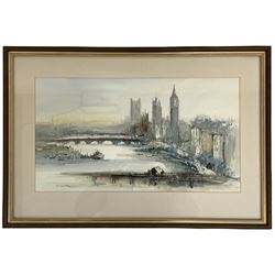 David Scott-Martin (British contemporary): 'The Thames Westminster', impressionist watercolour signed and titled 27cm x 50cm