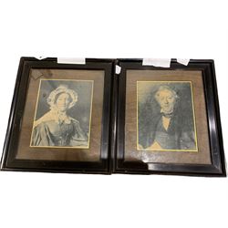Mahogany mirror together with two enlargened prints of Victorian photographs (3)